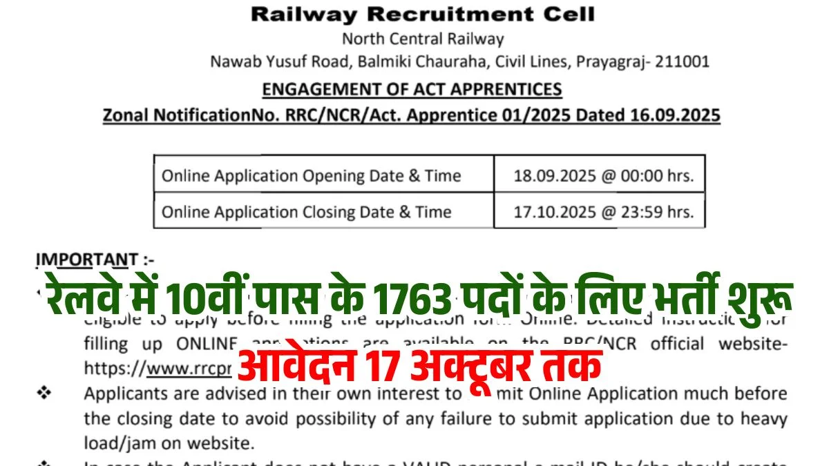 RRC NCR Apprentice Vacancy 2025: Apply Online for 1763 Act Apprentice Posts
